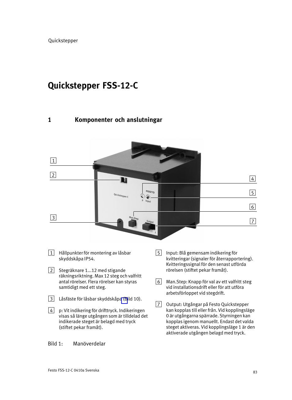 Svenska quickstepper fss-12-c, 1 komponenter och anslutningar, Quickstepper fss−12−c | Festo Quickstepper FSS User Manual | Page 83 / 100