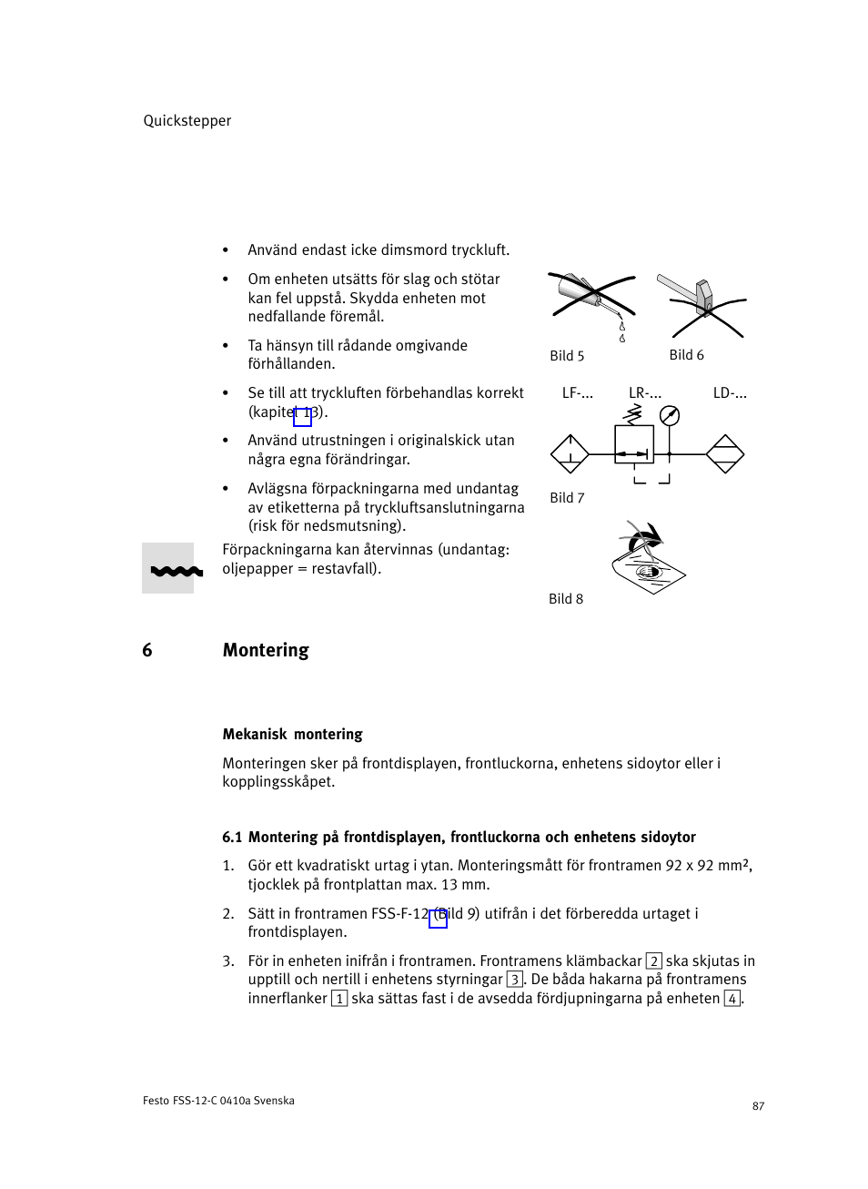 6 montering, Mekanisk montering, 6montering | Festo Quickstepper FSS User Manual | Page 87 / 100