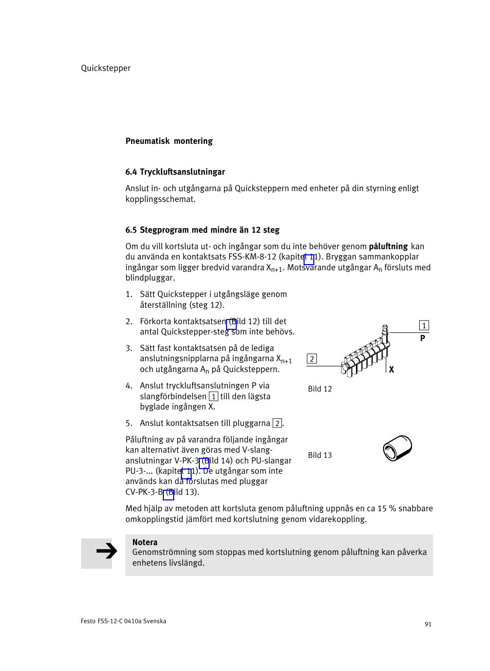 Pneumatisk montering, 4 tryckluftsanslutningar, 5 stegprogram med mindre än 12 steg | Festo Quickstepper FSS User Manual | Page 91 / 100