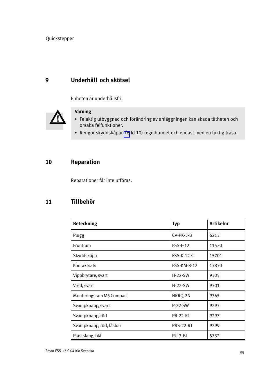 9 underhåll och skötsel, 10 reparation, 11 tillbehör | Kapitel 11), 9underhåll och skötsel | Festo Quickstepper FSS User Manual | Page 95 / 100