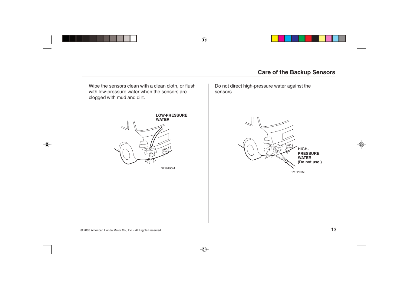 Care of the backup sensors | Acura Backup Sensors 08V67-SEP-2000-81 User Manual | Page 13 / 16
