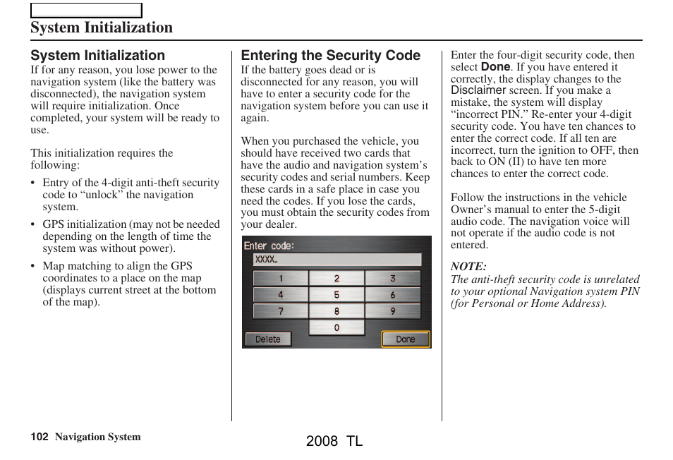 System initialization | Acura 2008 TL User Manual | Page 102 / 152