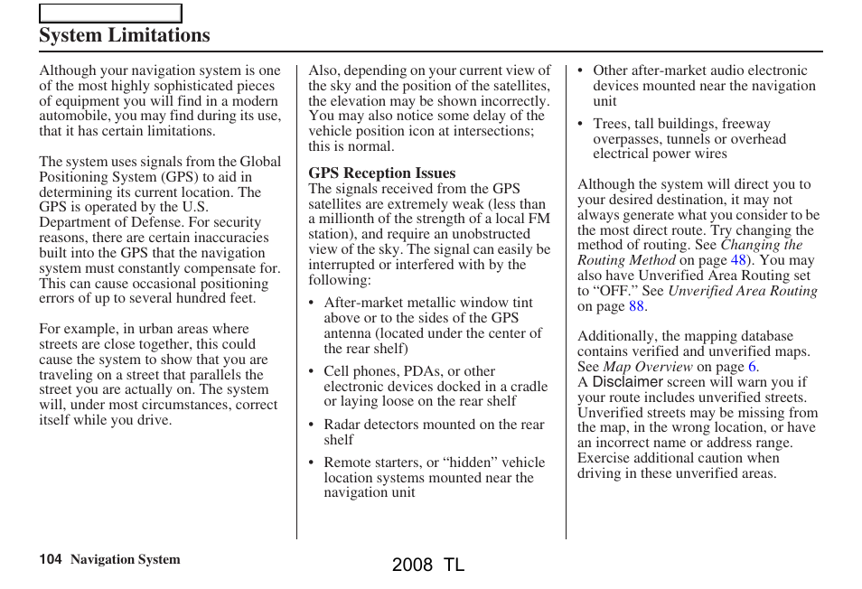 System limitations, 2008 tl | Acura 2008 TL User Manual | Page 104 / 152