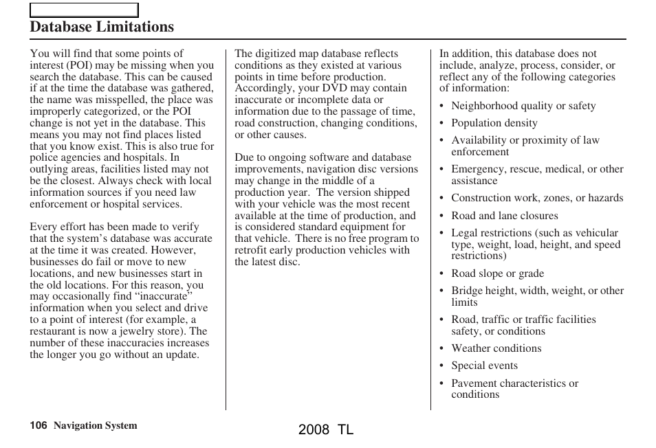 Database limitations, 2008 tl | Acura 2008 TL User Manual | Page 106 / 152