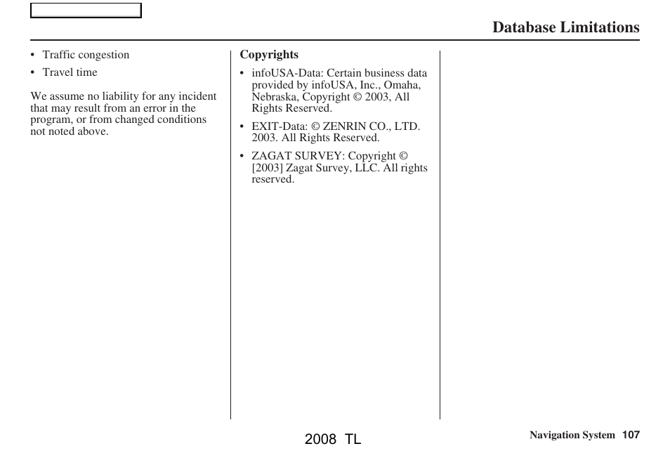 Database limitations, 2008 tl | Acura 2008 TL User Manual | Page 107 / 152