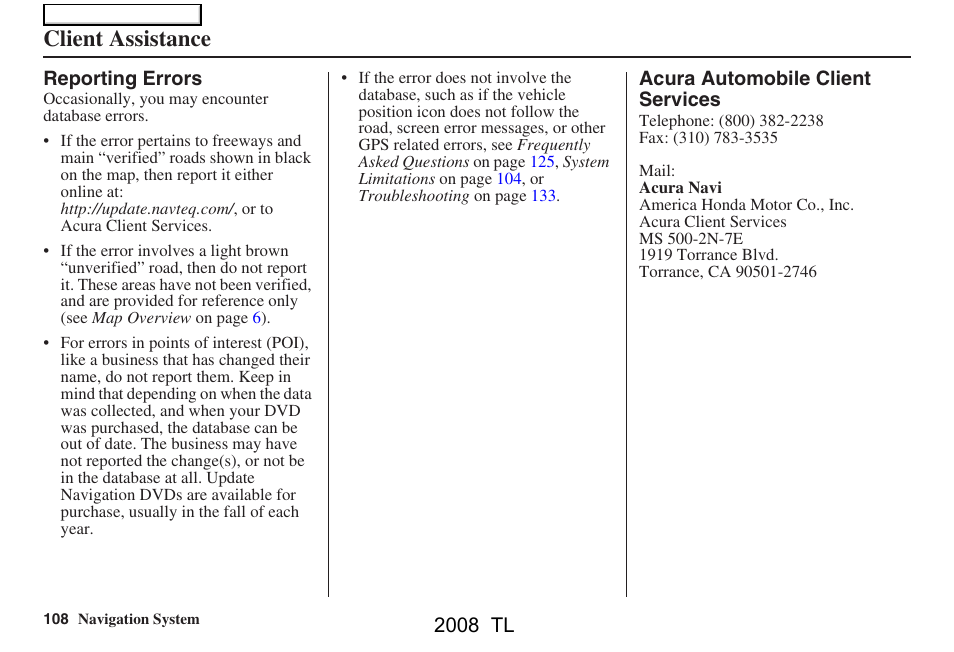 Client assistance, 2008 tl | Acura 2008 TL User Manual | Page 108 / 152