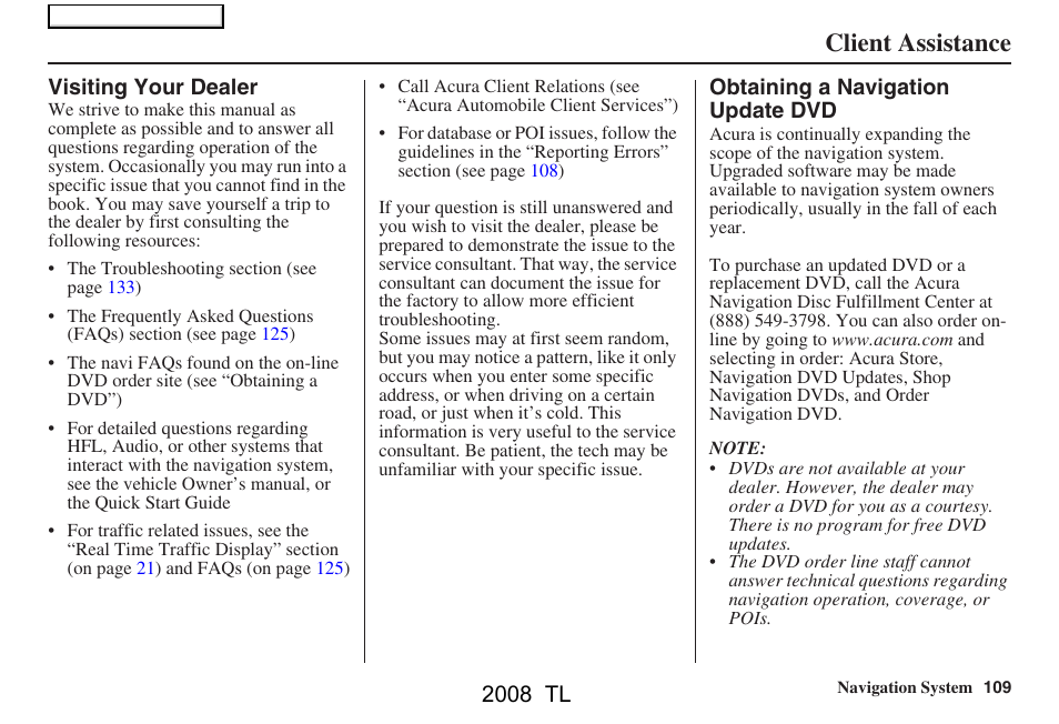 Client assistance, 2008 tl | Acura 2008 TL User Manual | Page 109 / 152