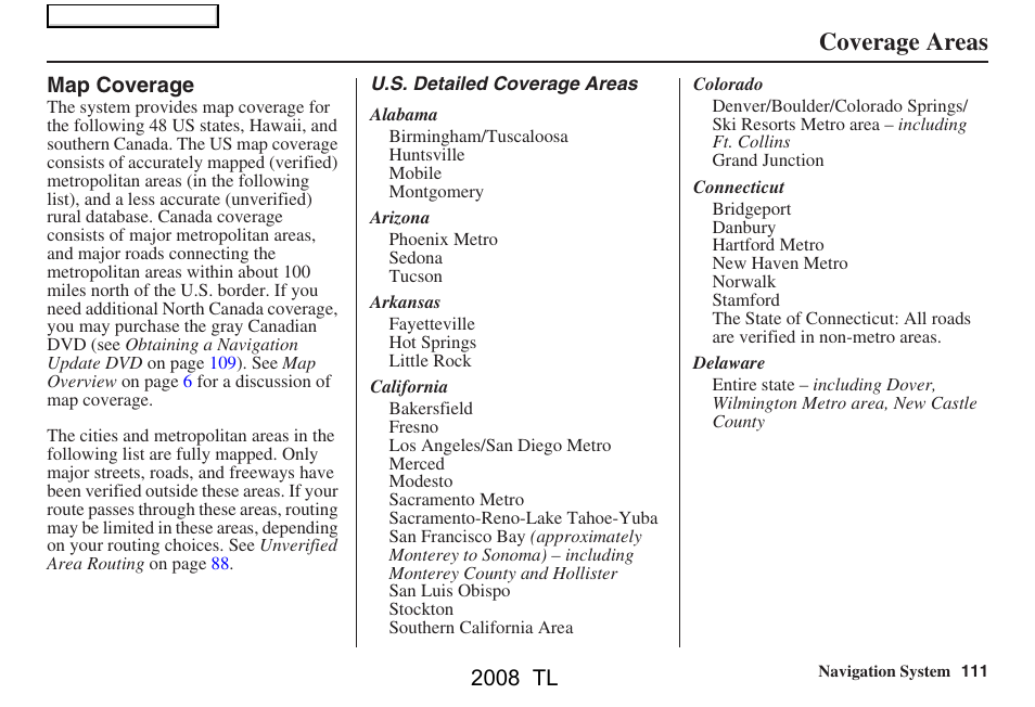 Coverage areas, 2008 tl | Acura 2008 TL User Manual | Page 111 / 152