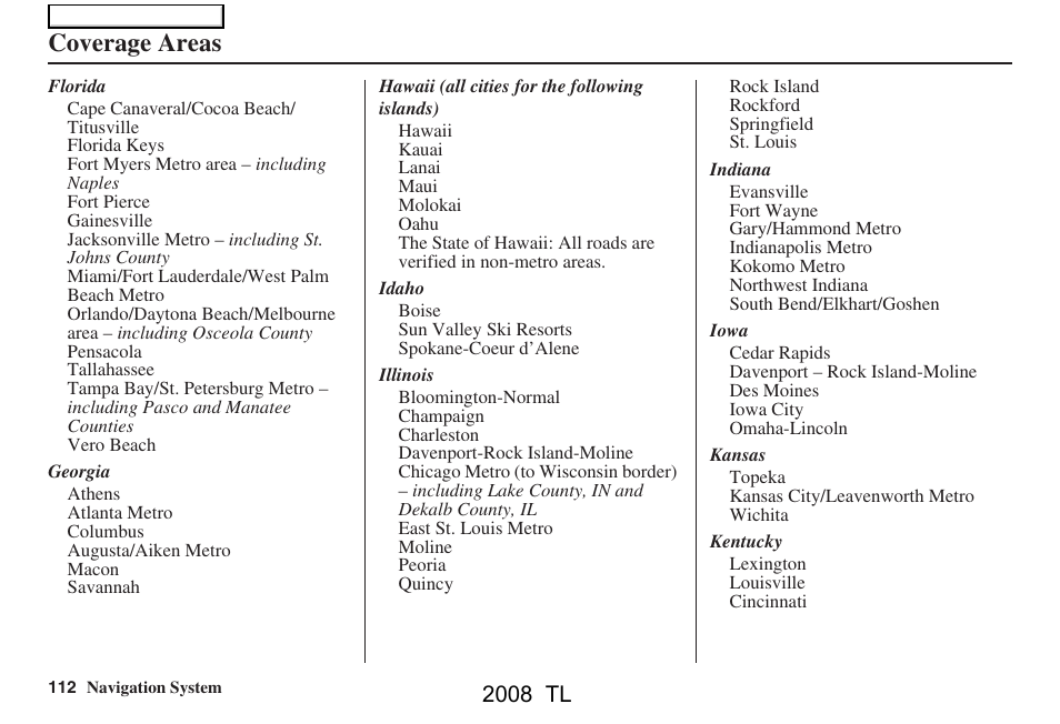 Coverage areas, 2008 tl | Acura 2008 TL User Manual | Page 112 / 152