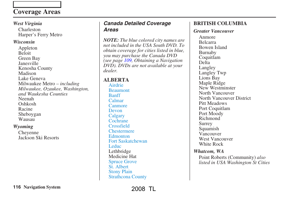 Coverage areas, 2008 tl | Acura 2008 TL User Manual | Page 116 / 152