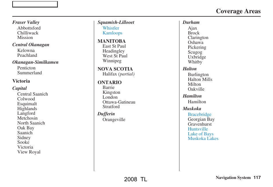 Coverage areas, 2008 tl | Acura 2008 TL User Manual | Page 117 / 152
