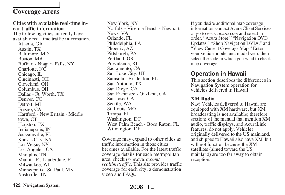Coverage areas | Acura 2008 TL User Manual | Page 122 / 152