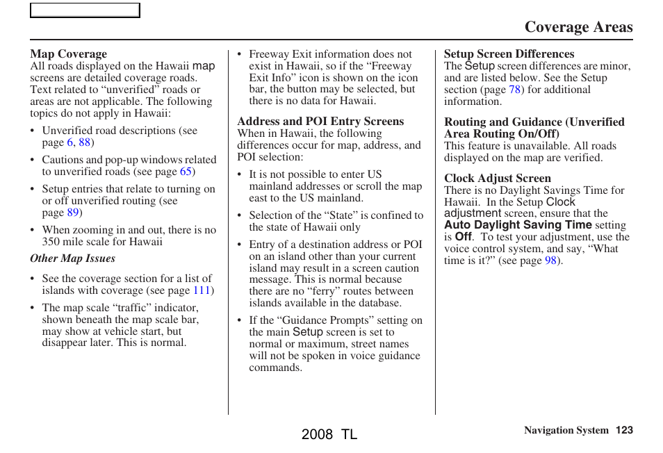 Coverage areas, 2008 tl | Acura 2008 TL User Manual | Page 123 / 152