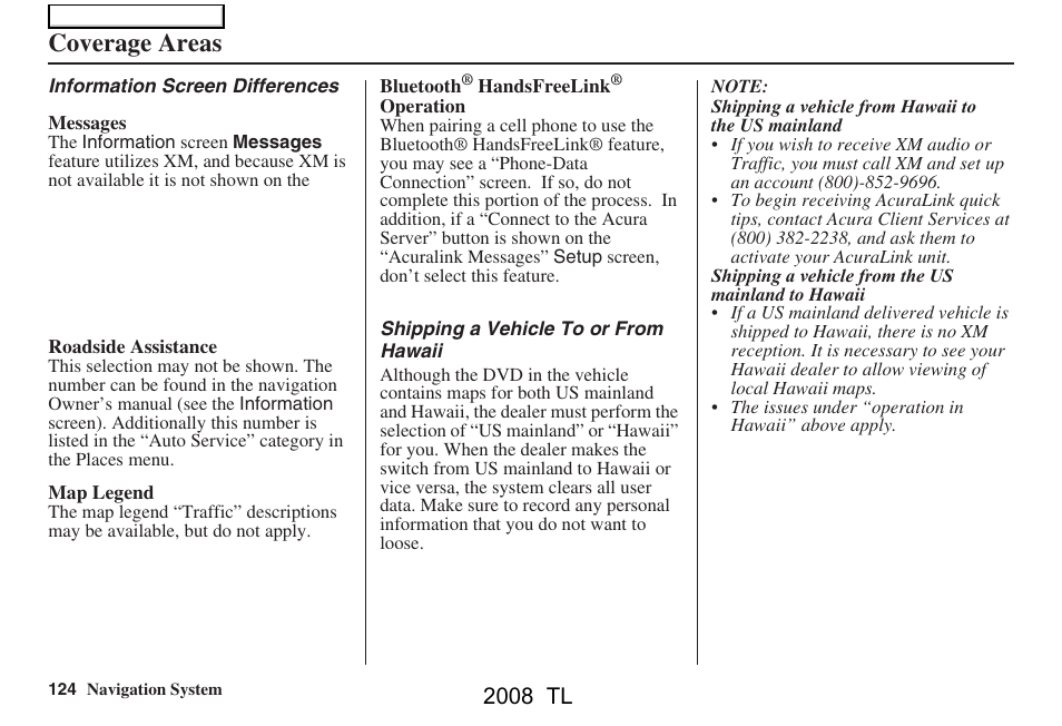 Coverage areas, 2008 tl | Acura 2008 TL User Manual | Page 124 / 152