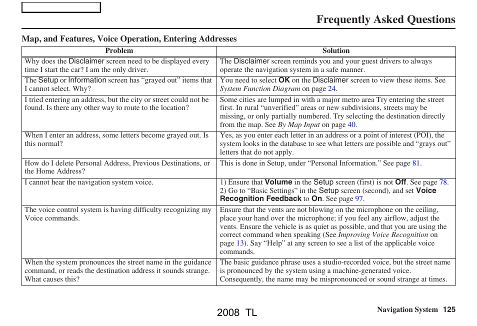 Frequently asked questions, 2008 tl | Acura 2008 TL User Manual | Page 125 / 152