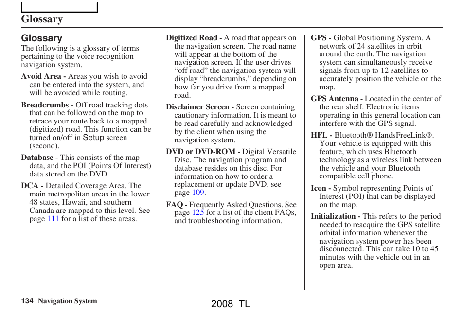 Glossary, 2008 tl | Acura 2008 TL User Manual | Page 134 / 152