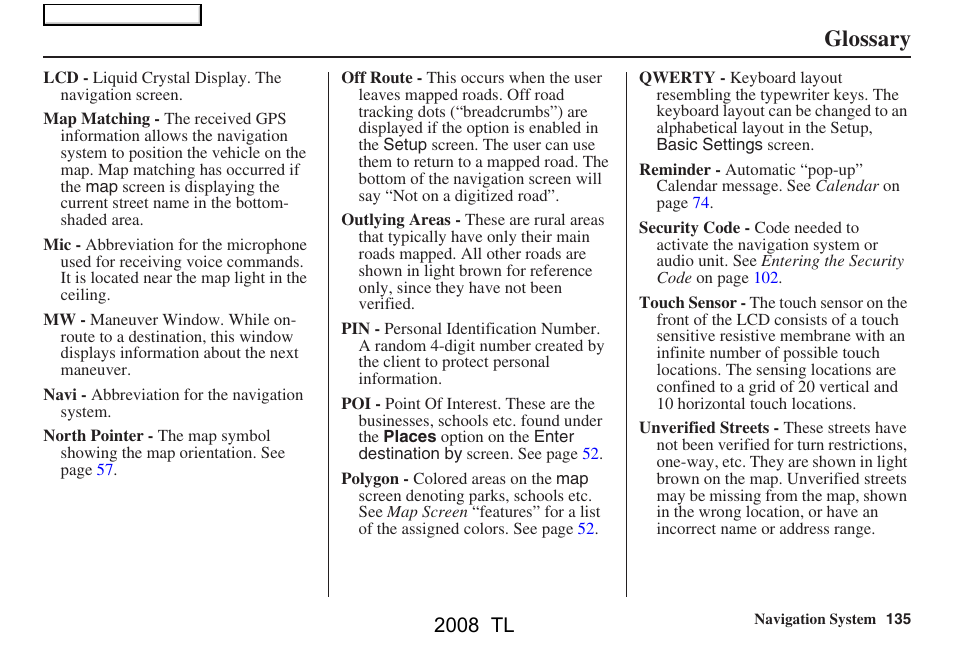 Glossary, 2008 tl | Acura 2008 TL User Manual | Page 135 / 152