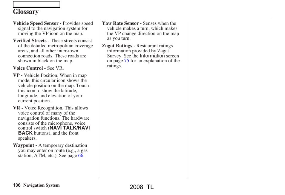 Glossary, 2008 tl | Acura 2008 TL User Manual | Page 136 / 152