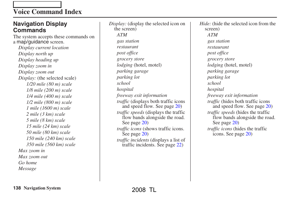 Voice command index, 2008 tl | Acura 2008 TL User Manual | Page 138 / 152
