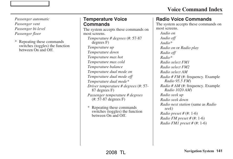 Voice command index, 2008 tl | Acura 2008 TL User Manual | Page 141 / 152