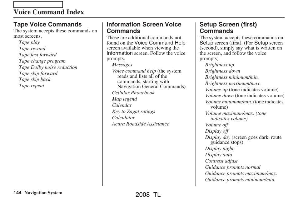 Voice command index | Acura 2008 TL User Manual | Page 144 / 152