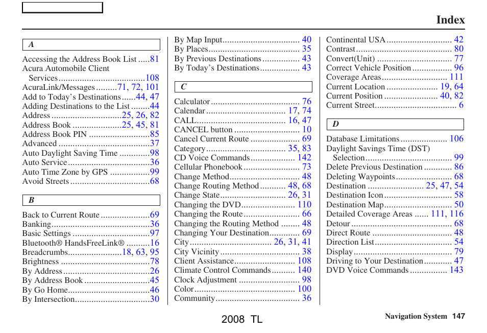 Index | Acura 2008 TL User Manual | Page 147 / 152