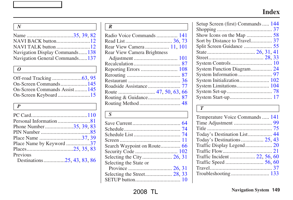 Index | Acura 2008 TL User Manual | Page 149 / 152