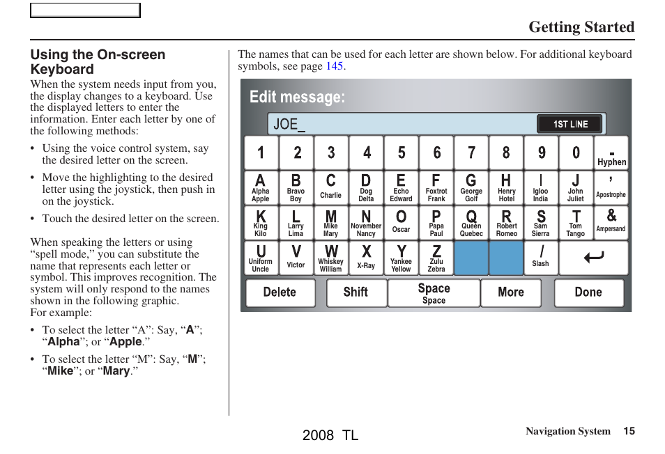 Getting started, 2008 tl, Using the on-screen keyboard | Acura 2008 TL User Manual | Page 15 / 152