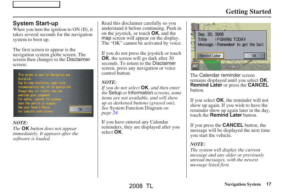 Getting started, 2008 tl | Acura 2008 TL User Manual | Page 17 / 152