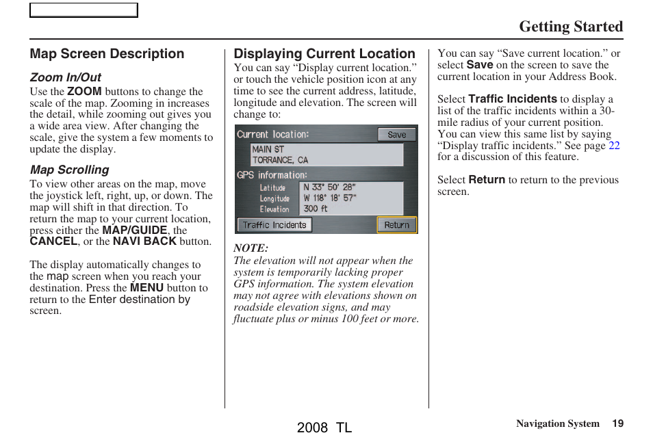 Getting started | Acura 2008 TL User Manual | Page 19 / 152