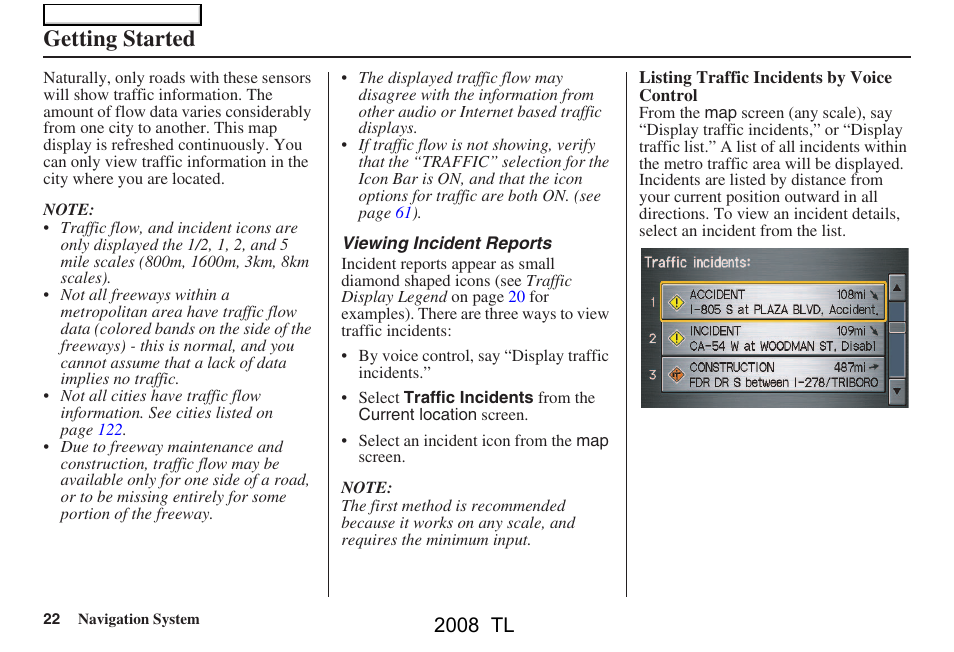 Getting started, 2008 tl | Acura 2008 TL User Manual | Page 22 / 152