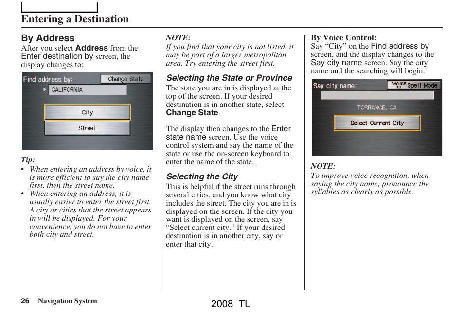 Entering a destination | Acura 2008 TL User Manual | Page 26 / 152