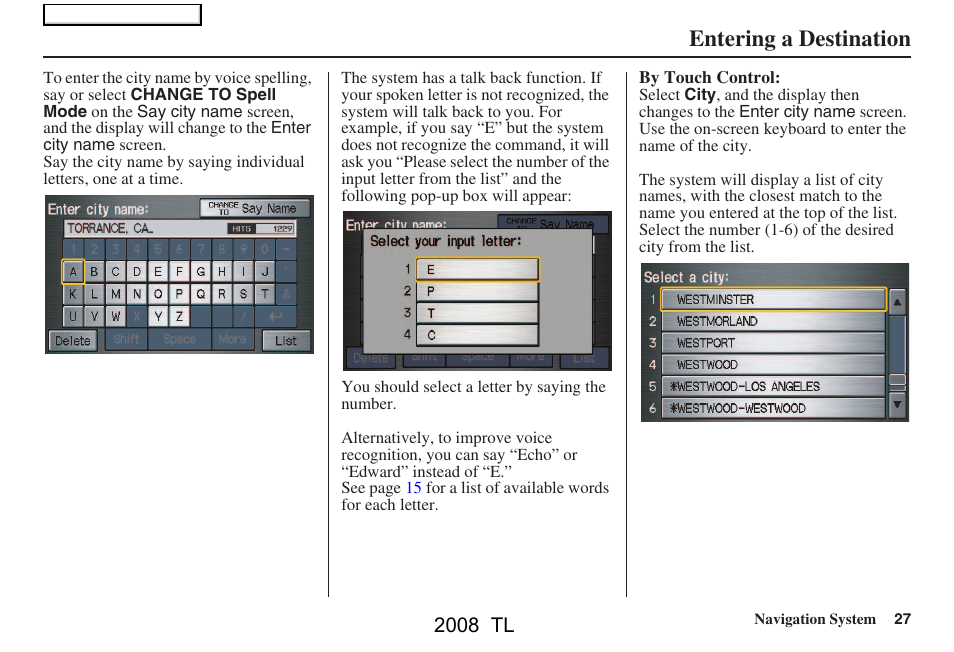 Entering a destination, 2008 tl | Acura 2008 TL User Manual | Page 27 / 152