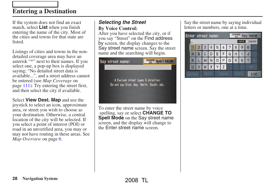 Entering a destination, 2008 tl | Acura 2008 TL User Manual | Page 28 / 152