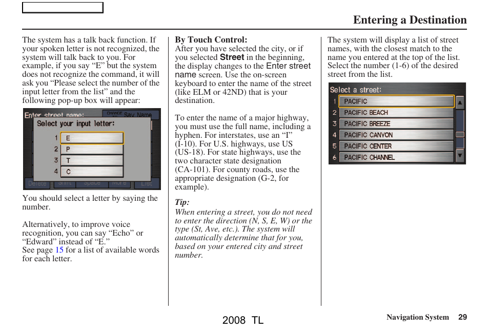 Entering a destination, 2008 tl | Acura 2008 TL User Manual | Page 29 / 152