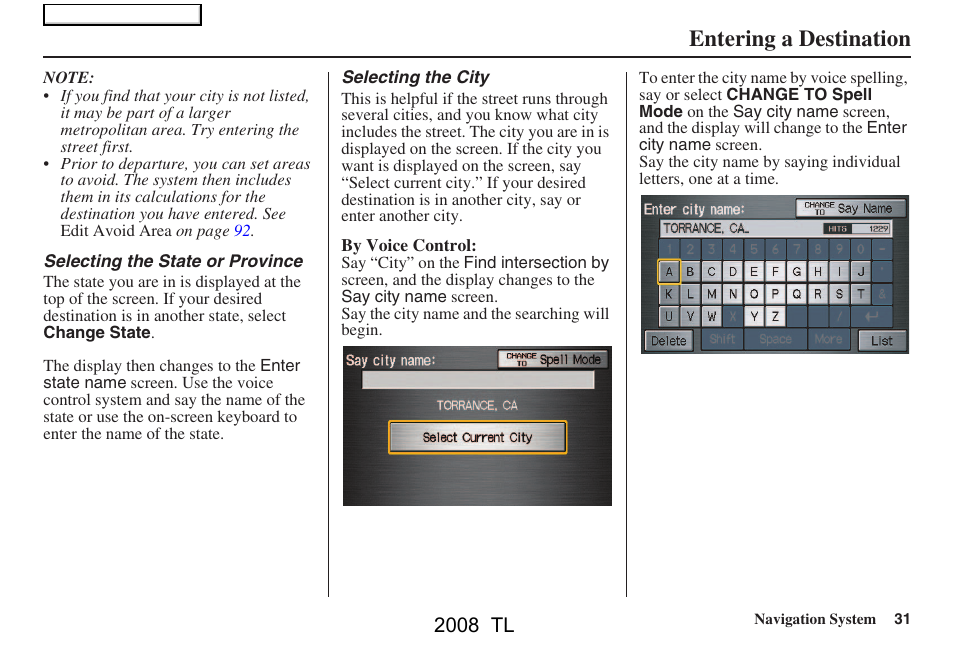 Entering a destination, 2008 tl | Acura 2008 TL User Manual | Page 31 / 152