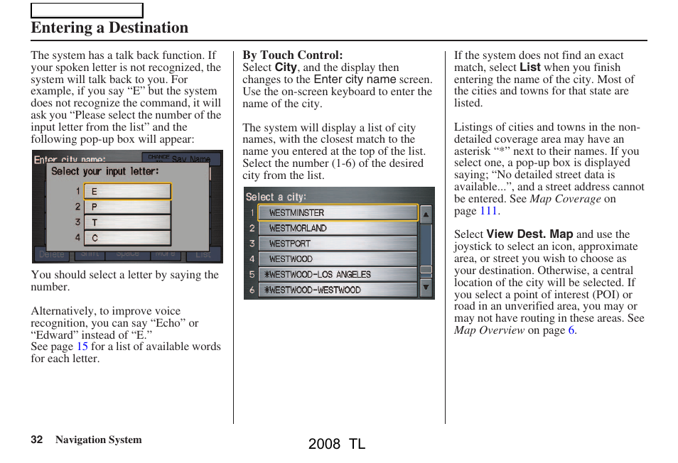 Entering a destination, 2008 tl | Acura 2008 TL User Manual | Page 32 / 152