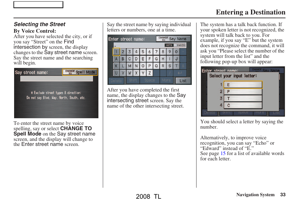 Entering a destination, 2008 tl | Acura 2008 TL User Manual | Page 33 / 152