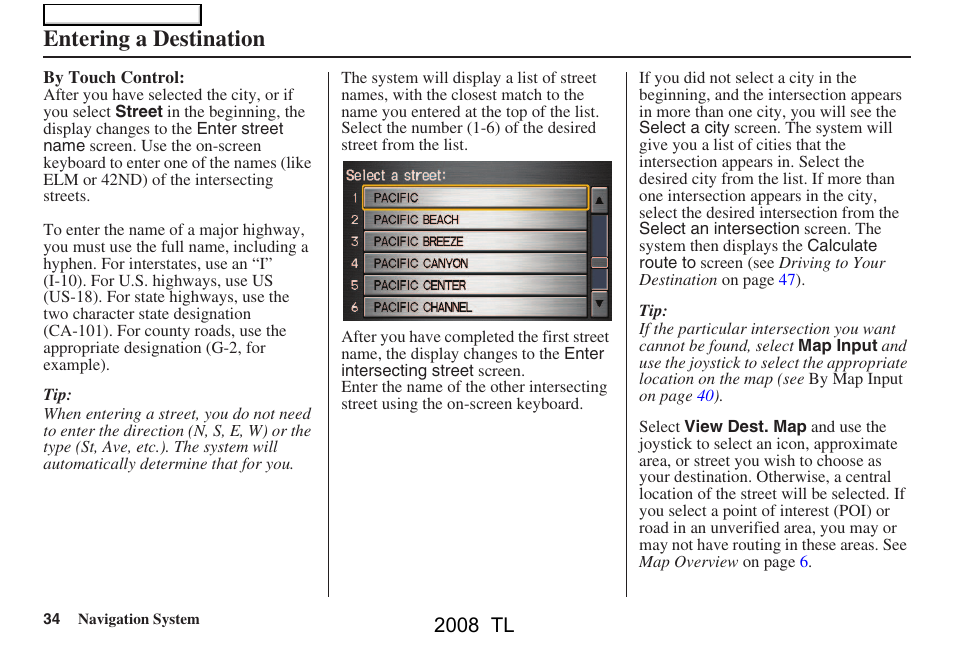Entering a destination, 2008 tl | Acura 2008 TL User Manual | Page 34 / 152