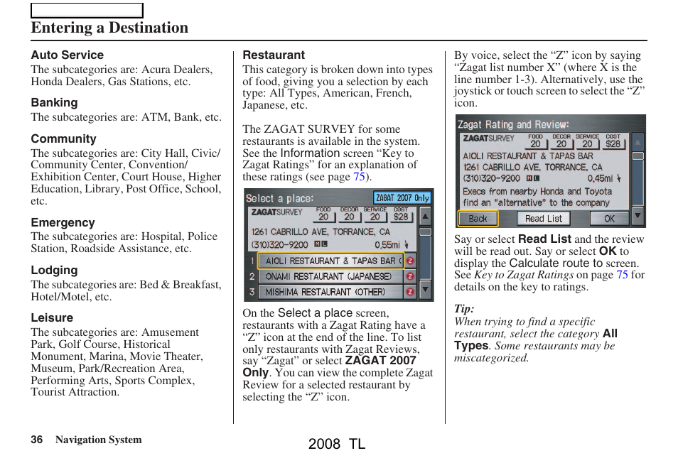 Entering a destination, 2008 tl | Acura 2008 TL User Manual | Page 36 / 152