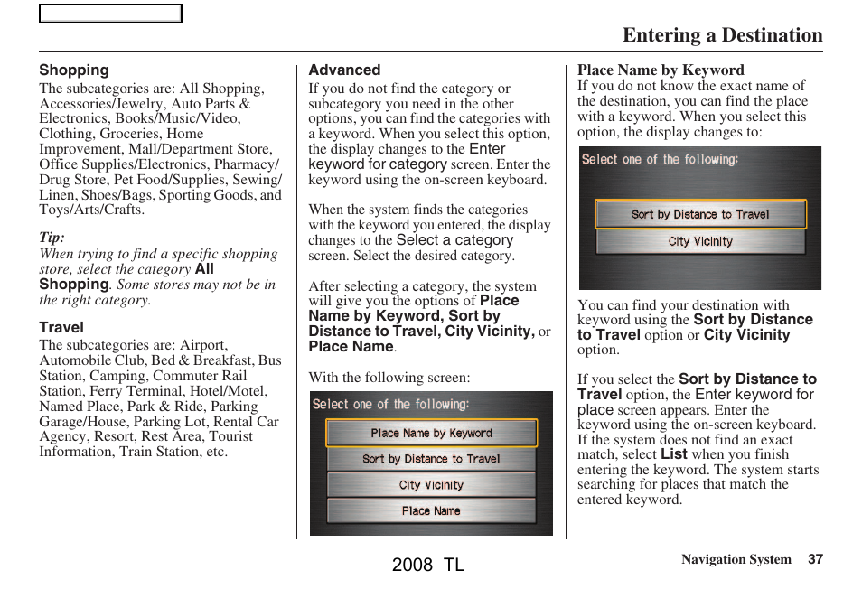 Entering a destination, 2008 tl | Acura 2008 TL User Manual | Page 37 / 152