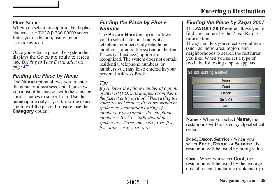 Entering a destination, 2008 tl | Acura 2008 TL User Manual | Page 39 / 152