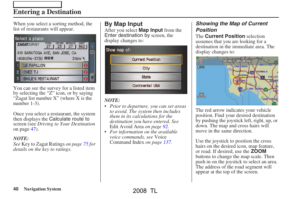 Entering a destination, 2008 tl | Acura 2008 TL User Manual | Page 40 / 152