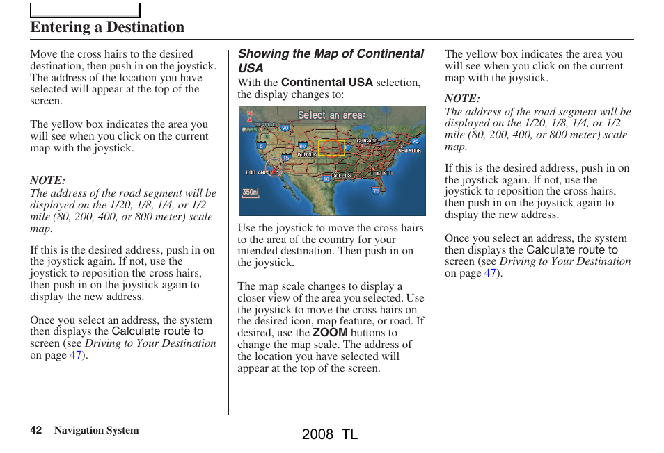 Entering a destination, 2008 tl | Acura 2008 TL User Manual | Page 42 / 152