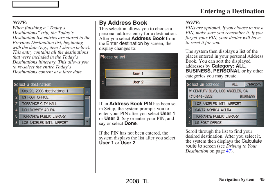 Entering a destination, 2008 tl | Acura 2008 TL User Manual | Page 45 / 152