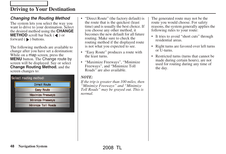 Driving to your destination, 2008 tl | Acura 2008 TL User Manual | Page 48 / 152