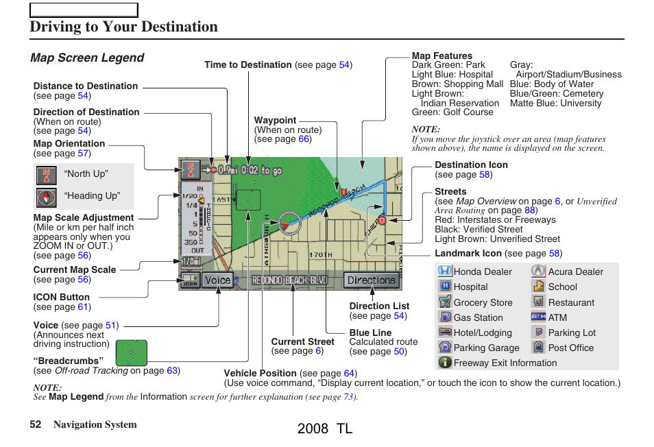 Driving to your destination, 2008 tl, Map screen legend | Acura 2008 TL User Manual | Page 52 / 152