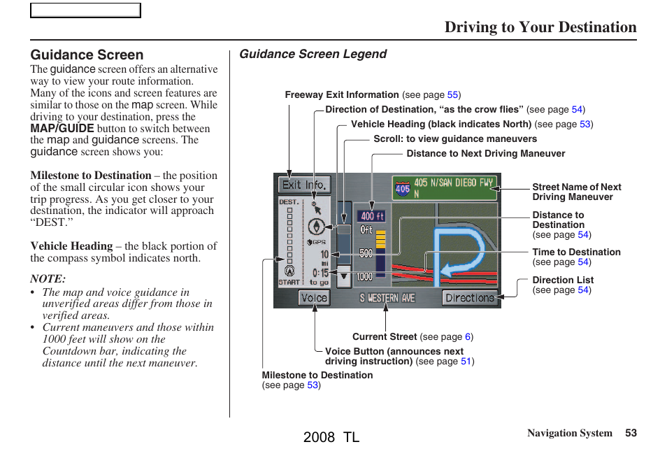 Driving to your destination, 2008 tl, Guidance screen | Acura 2008 TL User Manual | Page 53 / 152