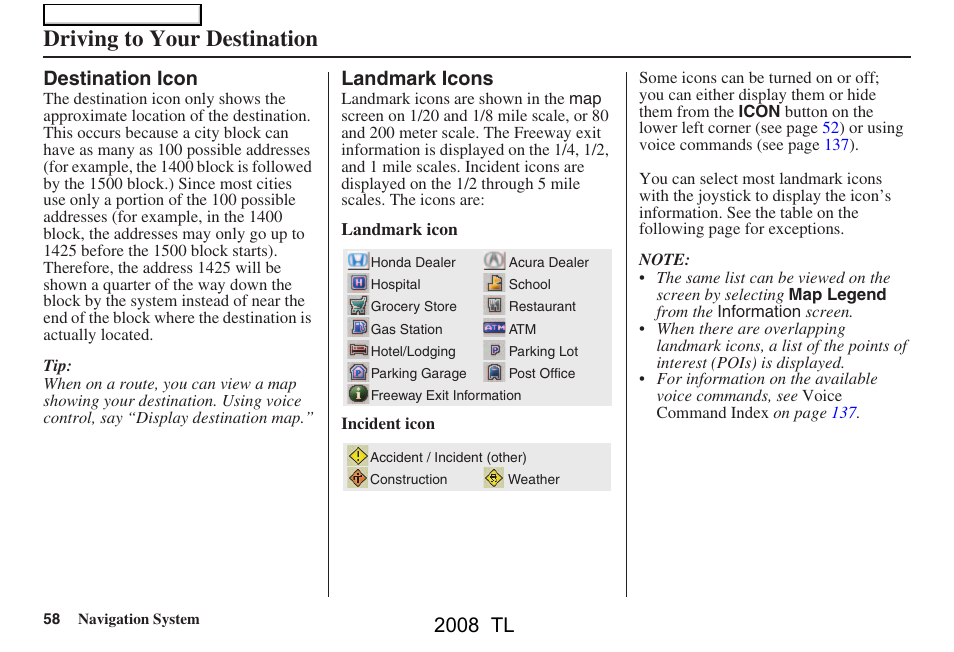 Driving to your destination, 2008 tl, Destination icon | Landmark icons | Acura 2008 TL User Manual | Page 58 / 152