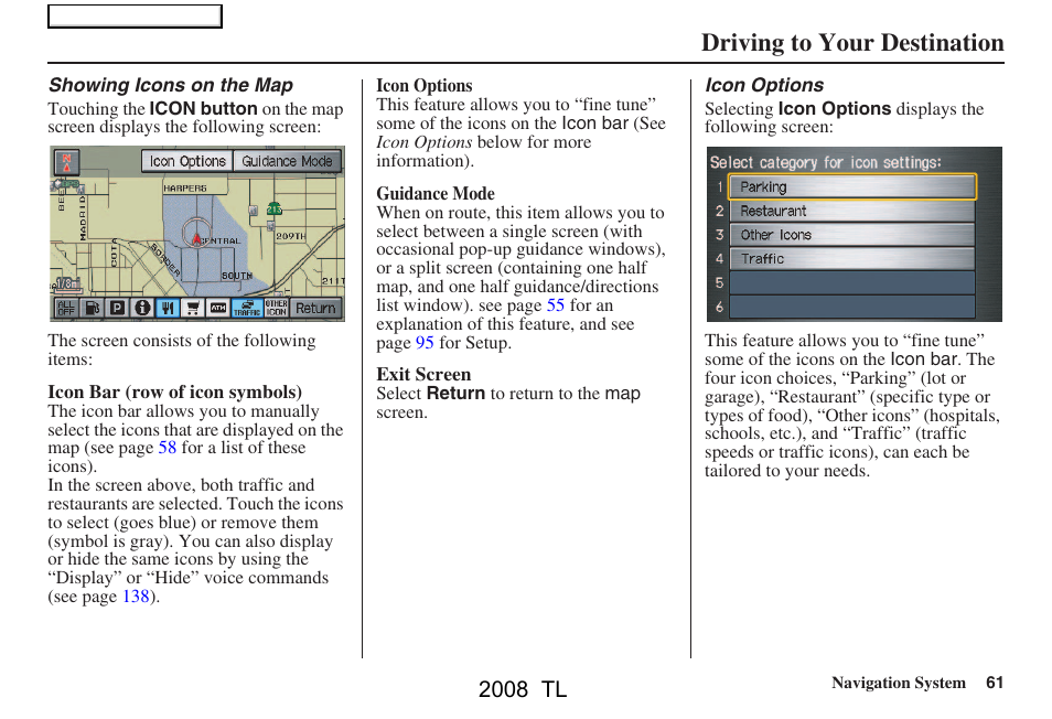 Driving to your destination, 2008 tl | Acura 2008 TL User Manual | Page 61 / 152